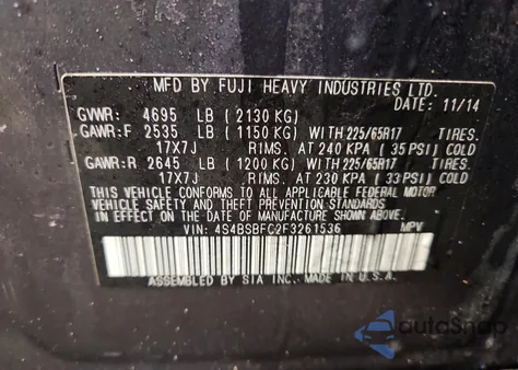 2015 Subaru Outback 2.5I Premium z USA, uszkodzony, nr VIN 4S4BSBFC2F3261536